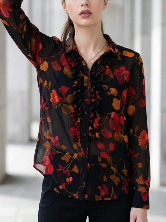 Gabi Tops - Gabi Sheer Floral Blouse Black Red Gold Ruffle Button Down Top Y2K Fall